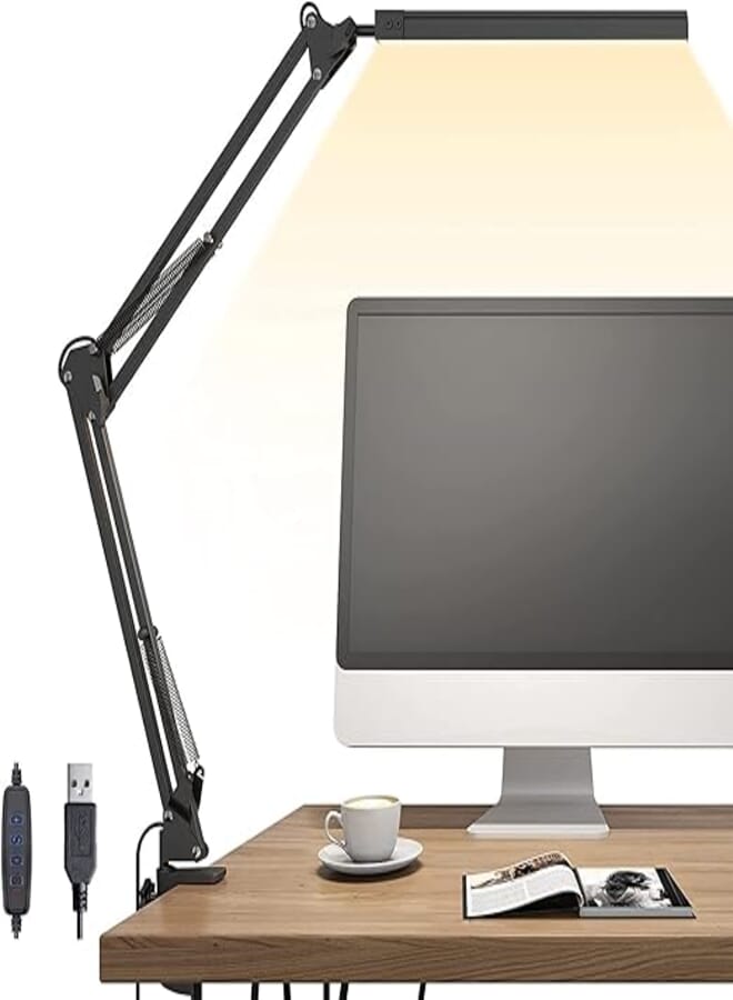 Dimmable Desk Lamp with Clamp,Brightness Adjustable Swing Arm Table Lamp,Stepless Dimming lamp, Eye Care Daylight Natural Light for Study,Work,Home,Office (EX)